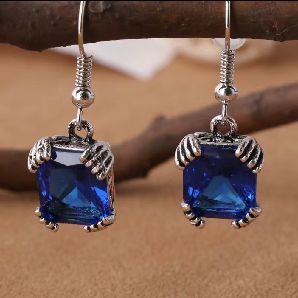 Blue Zircon Sapphire Silver Square Gem Drop Dangle Earrings